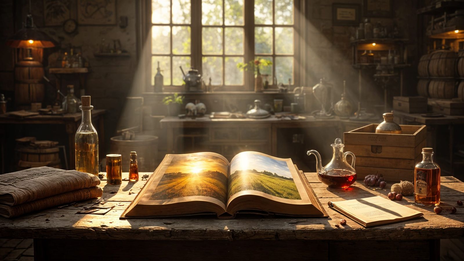 A Nostalgic 1960s Armagnac Distillery Scene in Warm Sunlight