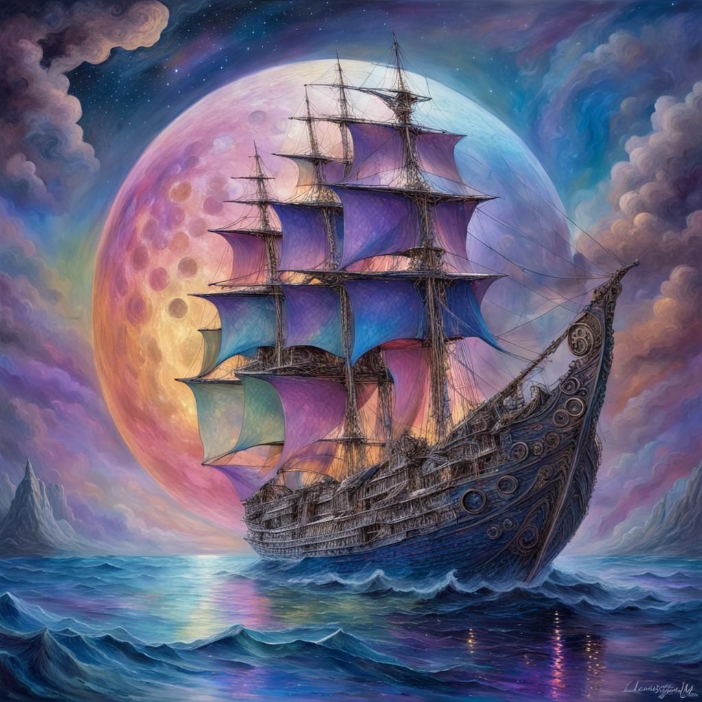 Rainbow Ship Sailing Inside a Transparent Moon