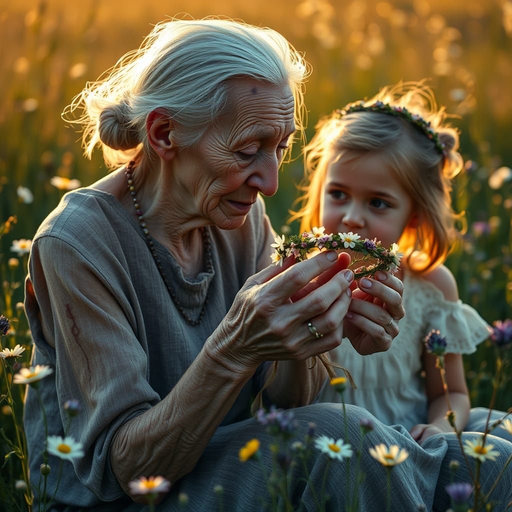 Elderly Woman Weaving Flower Crown in Sunlit Meadow