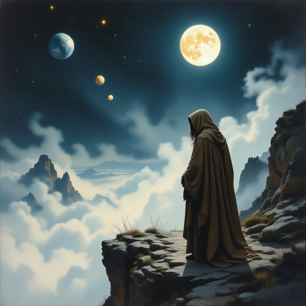 Ethereal Figure at Cliff's Edge in Dramatic Lighting