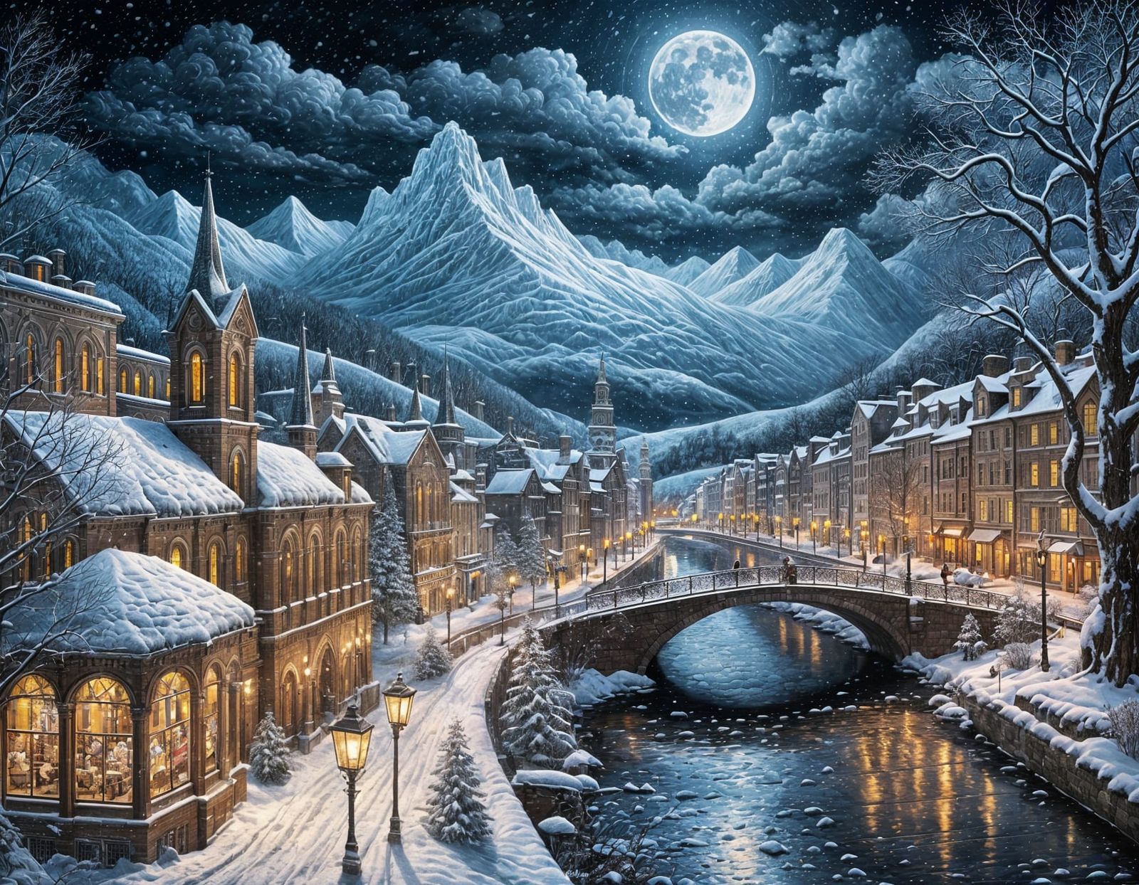 Epic Winter Cityscape in Art Deco Style