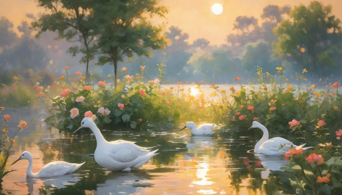 Lakeside Sunset: Impressionist Birds in Flight