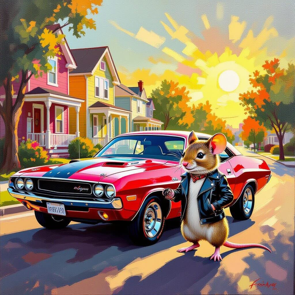 Mouse Poses With Cherry Red Dodge Challenger