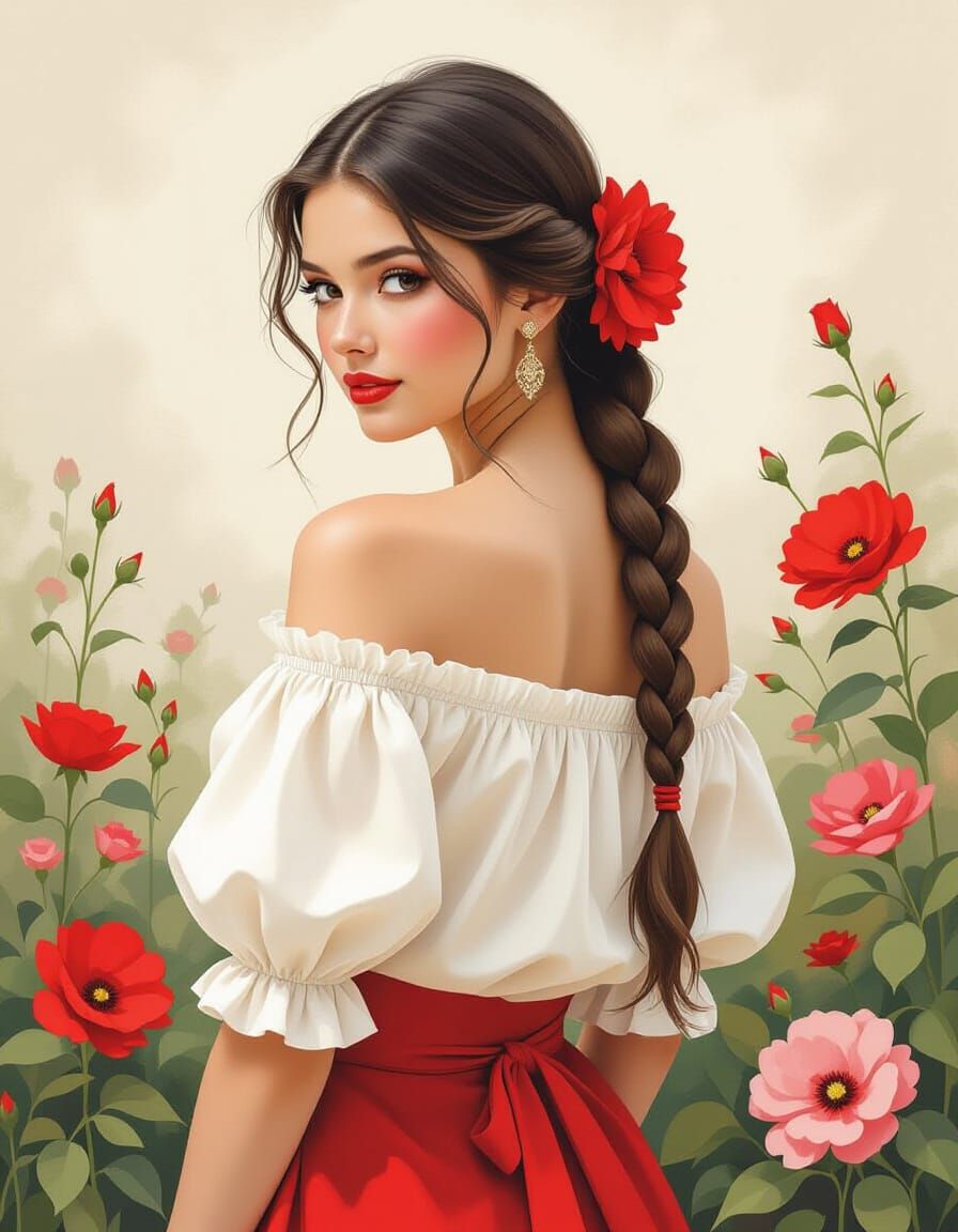 Retro Woman Portrait with Red Flower