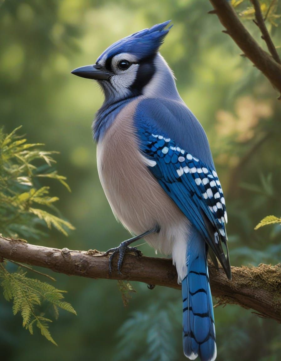 Blue Jay Perched in Lush Forest with Iridescent Feathers