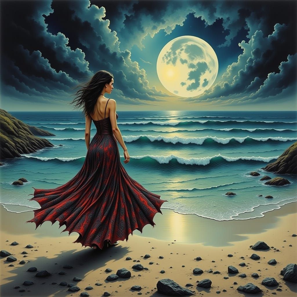 Woman on Moonlit Beach in Art Nouveau Style