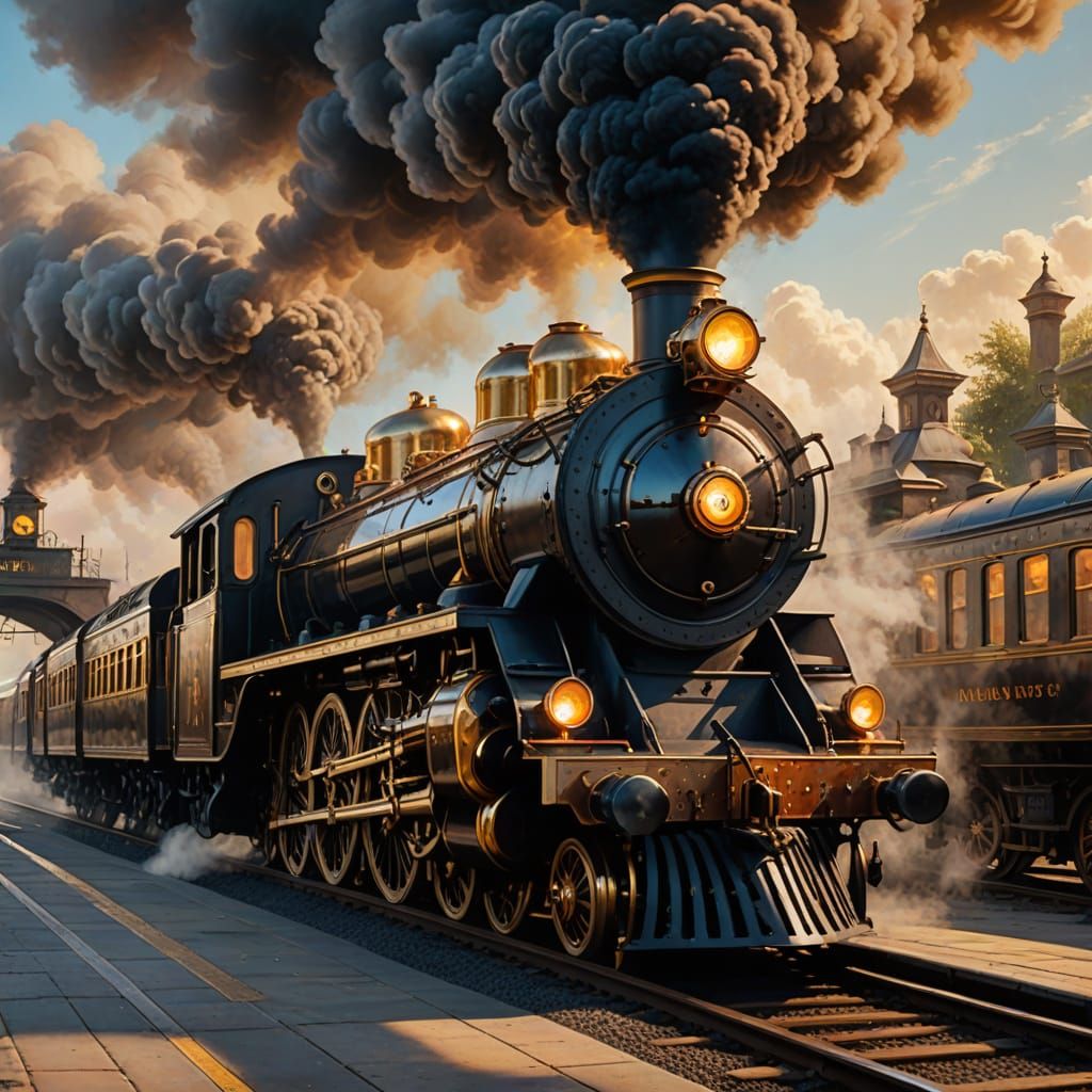 Victorian Steampunk Orient Express Locomotive Oil Painting