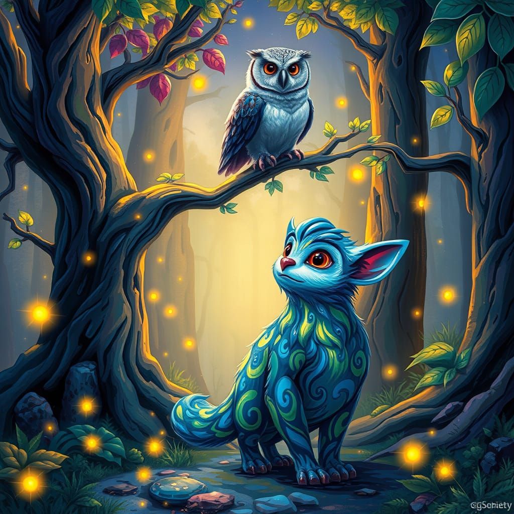 Enchanted Creature Surrounded by Glowing Forest