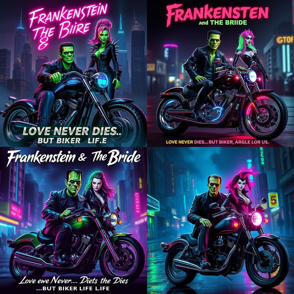 Frankenstein Meets Biker Rebellion in Neon-Lit Style