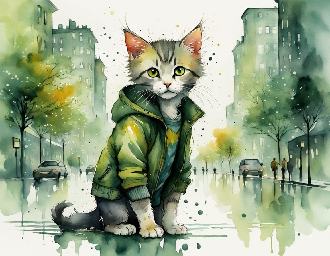 Whimsical Watercolor Kitten Portrait with Cityscape Backgrou...