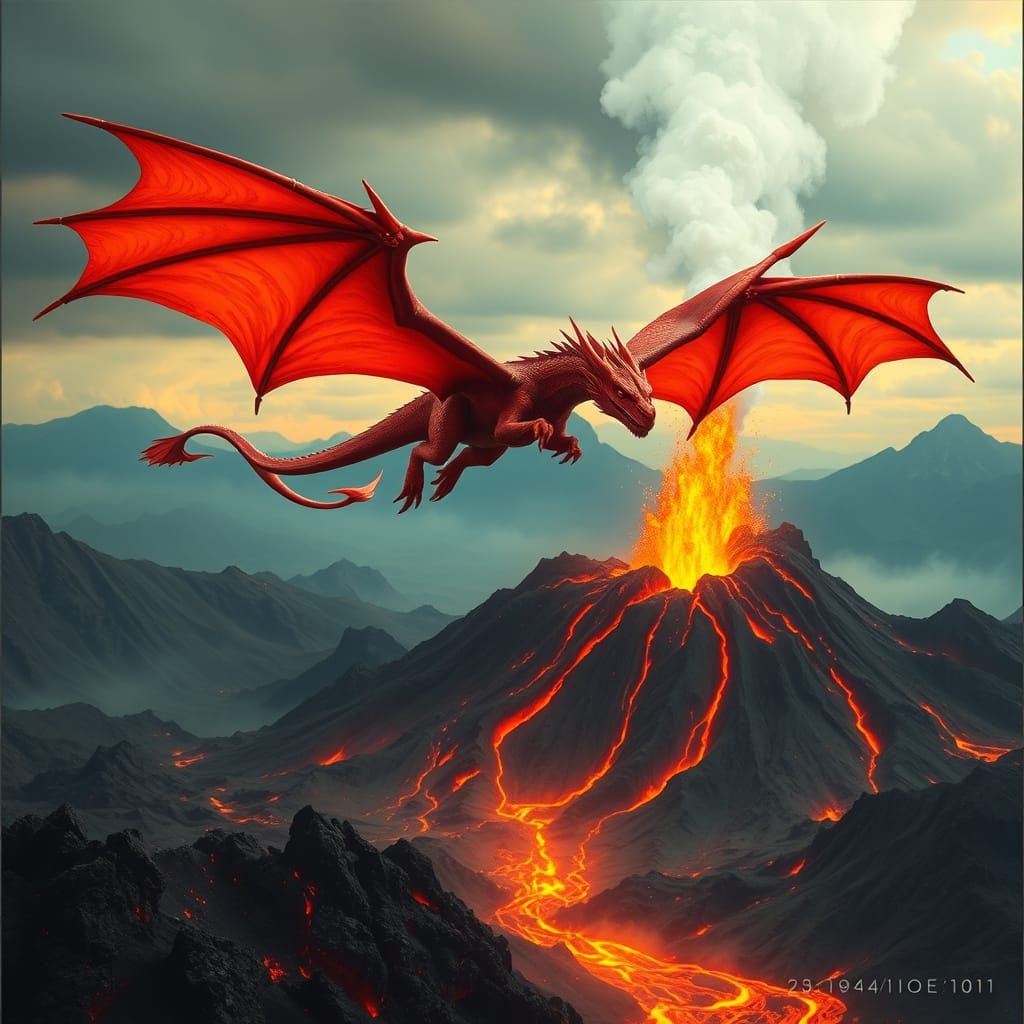 Red Dragon Over Volcano With Lava Message