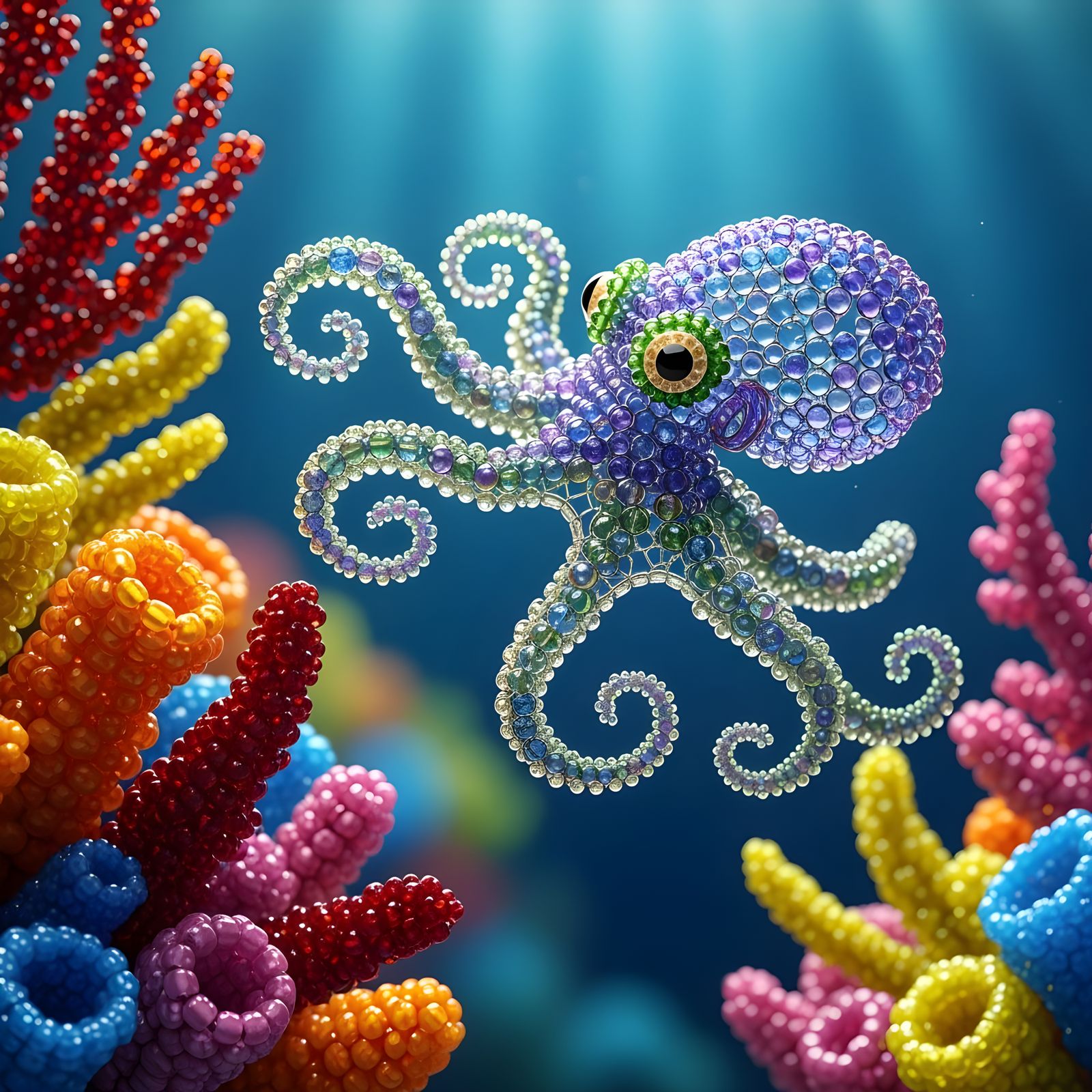 Glass Bead Octopus in Abstract Coral Reef