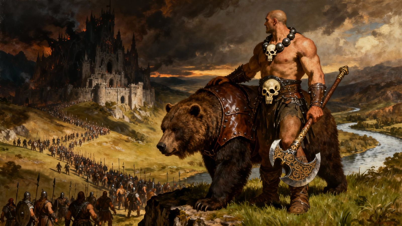 Barbarian Warrior and Bear Beside Epic Castle