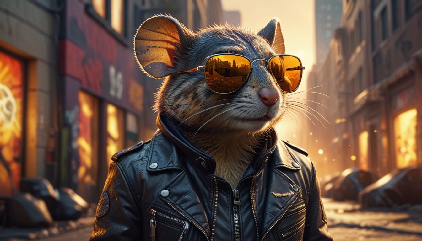 Traveler Anarchist Rodent in City Square Oil Painting