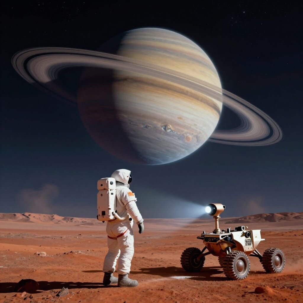 Astronaut Gazes at Ringed Planet on Crimson Mars