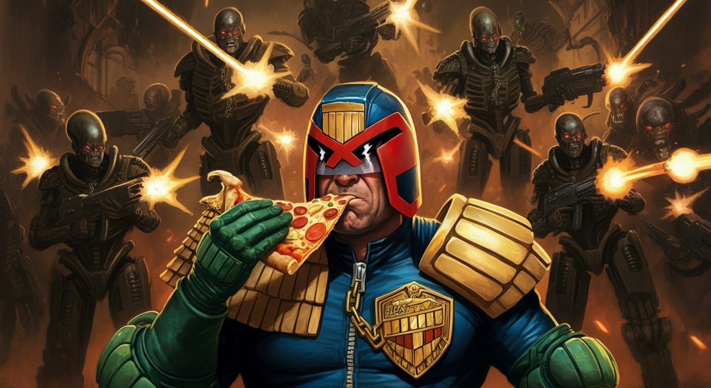 Judge Dredd Battles Xenomorphs in Dark Cyberpunk Style