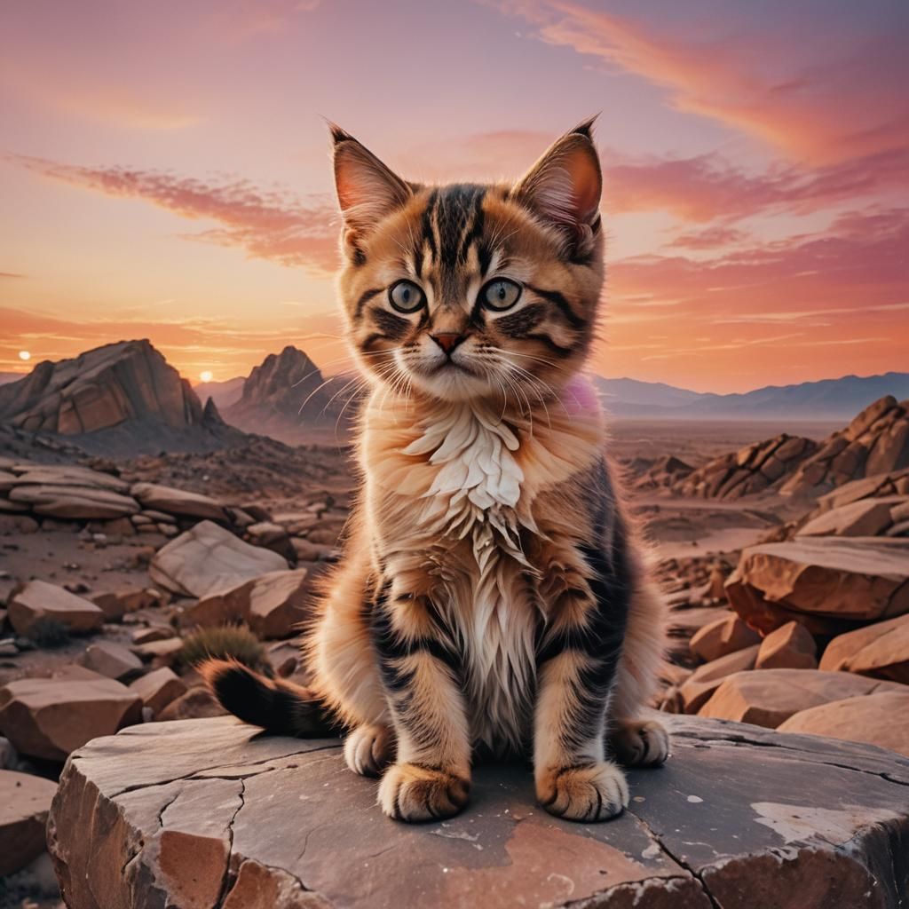 Grumpy Kitten Double Exposure at Desert Sunset