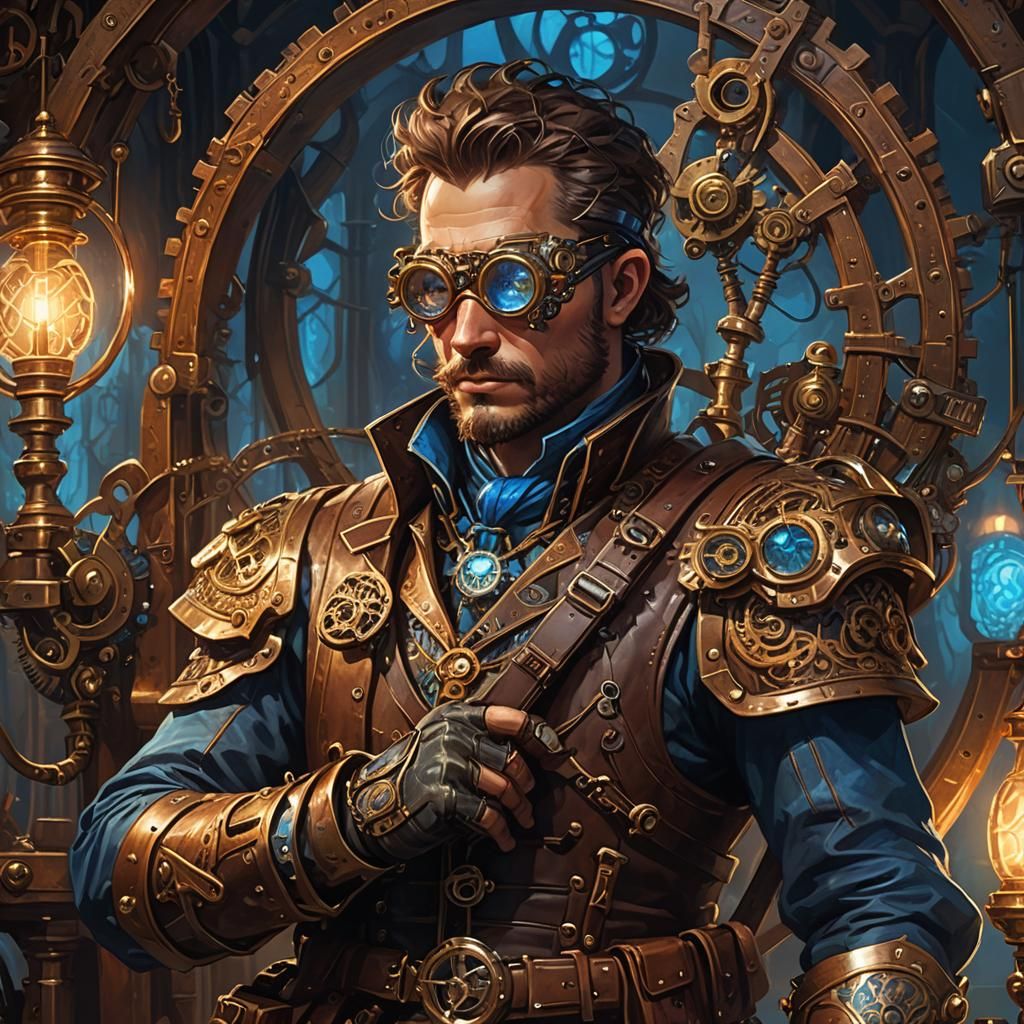 Steampunk Bard with Harp Bow in Oil Painting Style