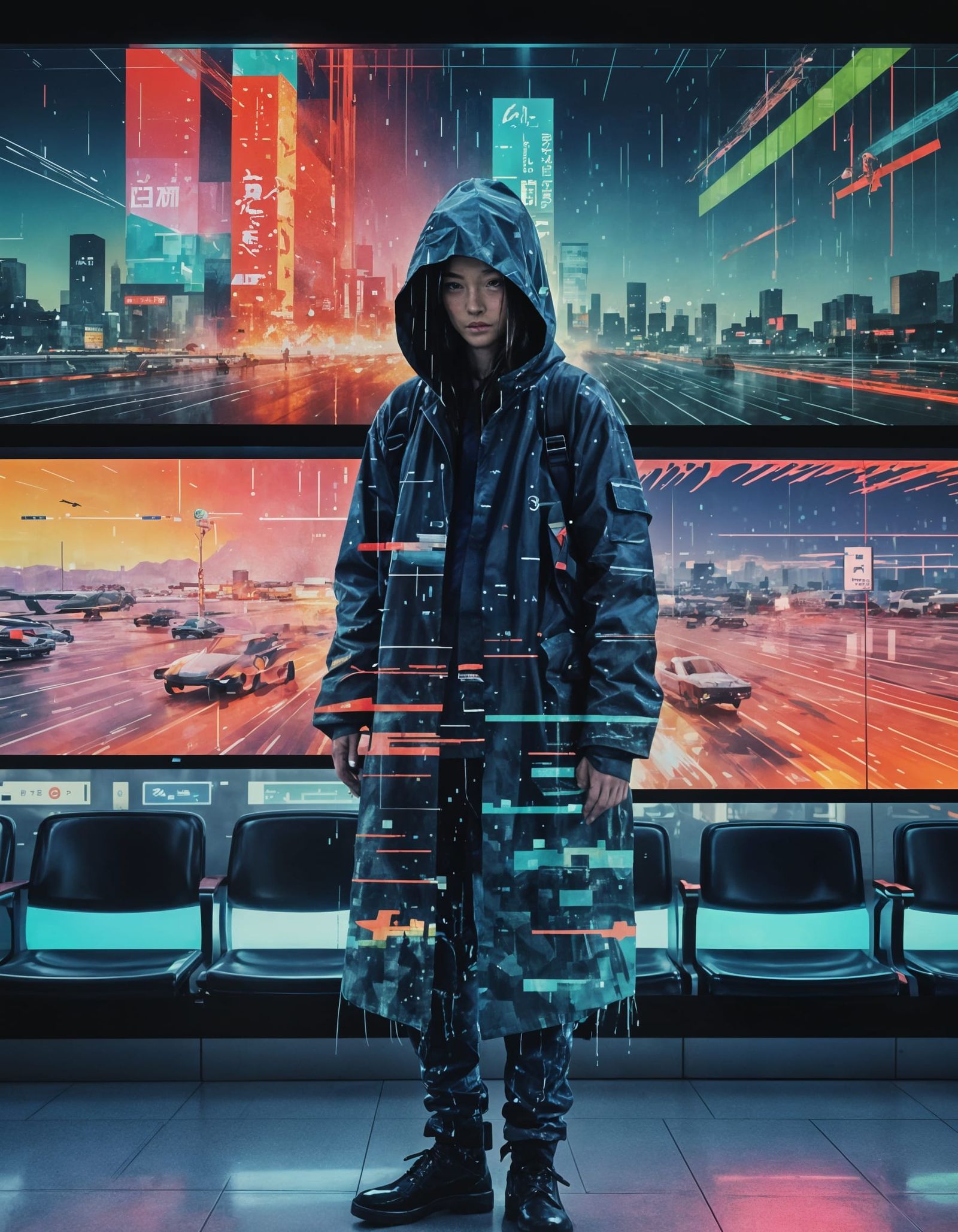 Ukiyo-e Time Traveler with Matrix Sci-Fi Glitches