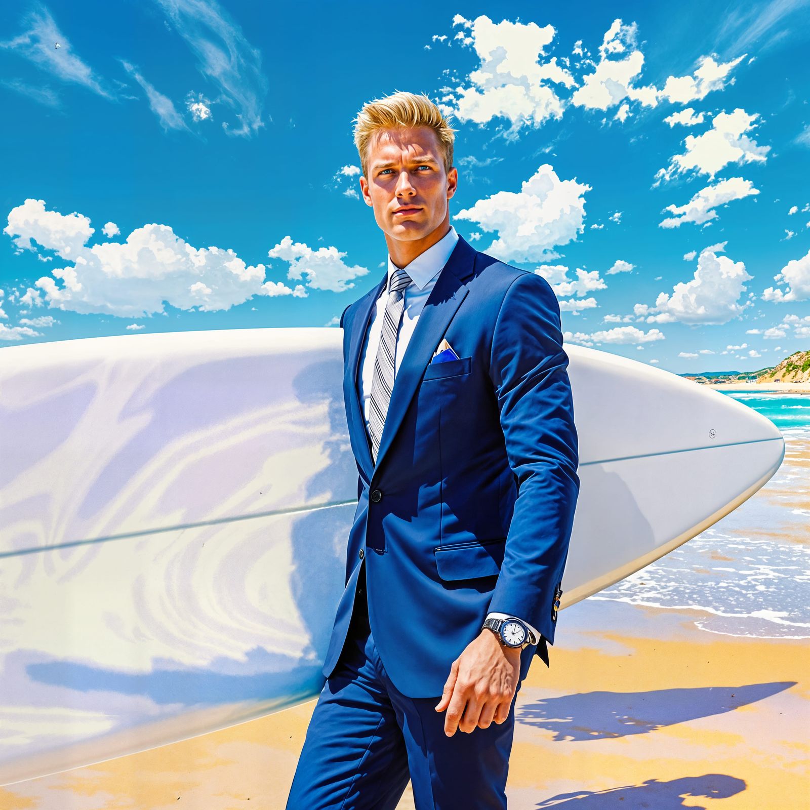 Businessman Carries Surfboard on Sunny Beach