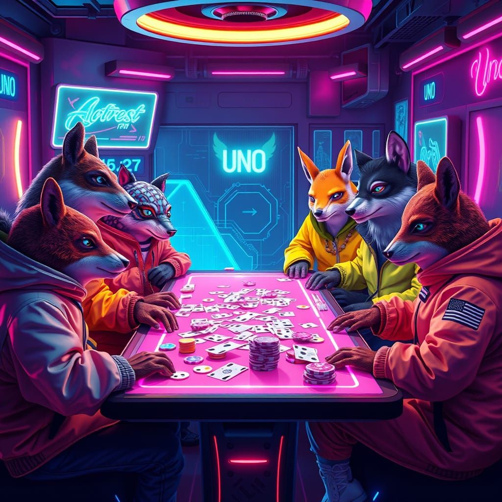 Futuristic Animal Uno Gamblers in Cyberpunk Style
