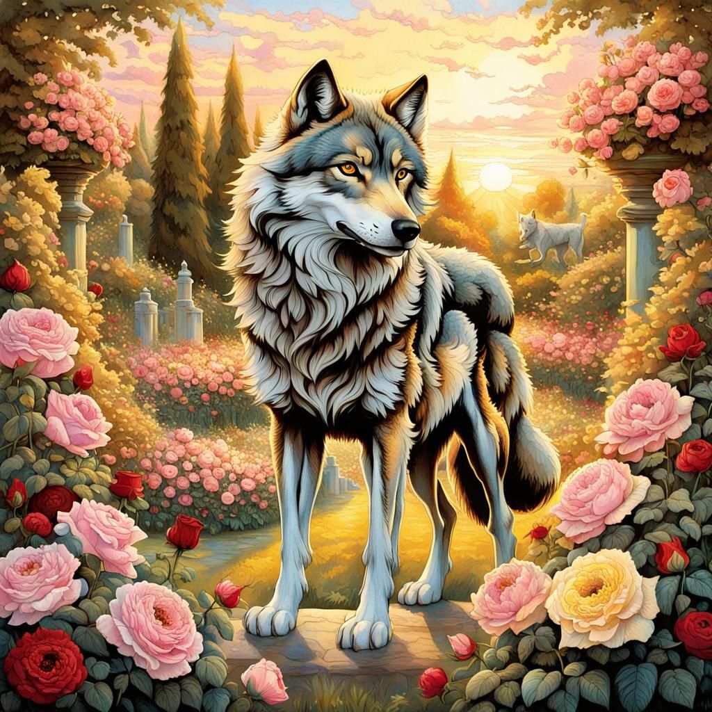 Majestic Wolf in English Rose Garden