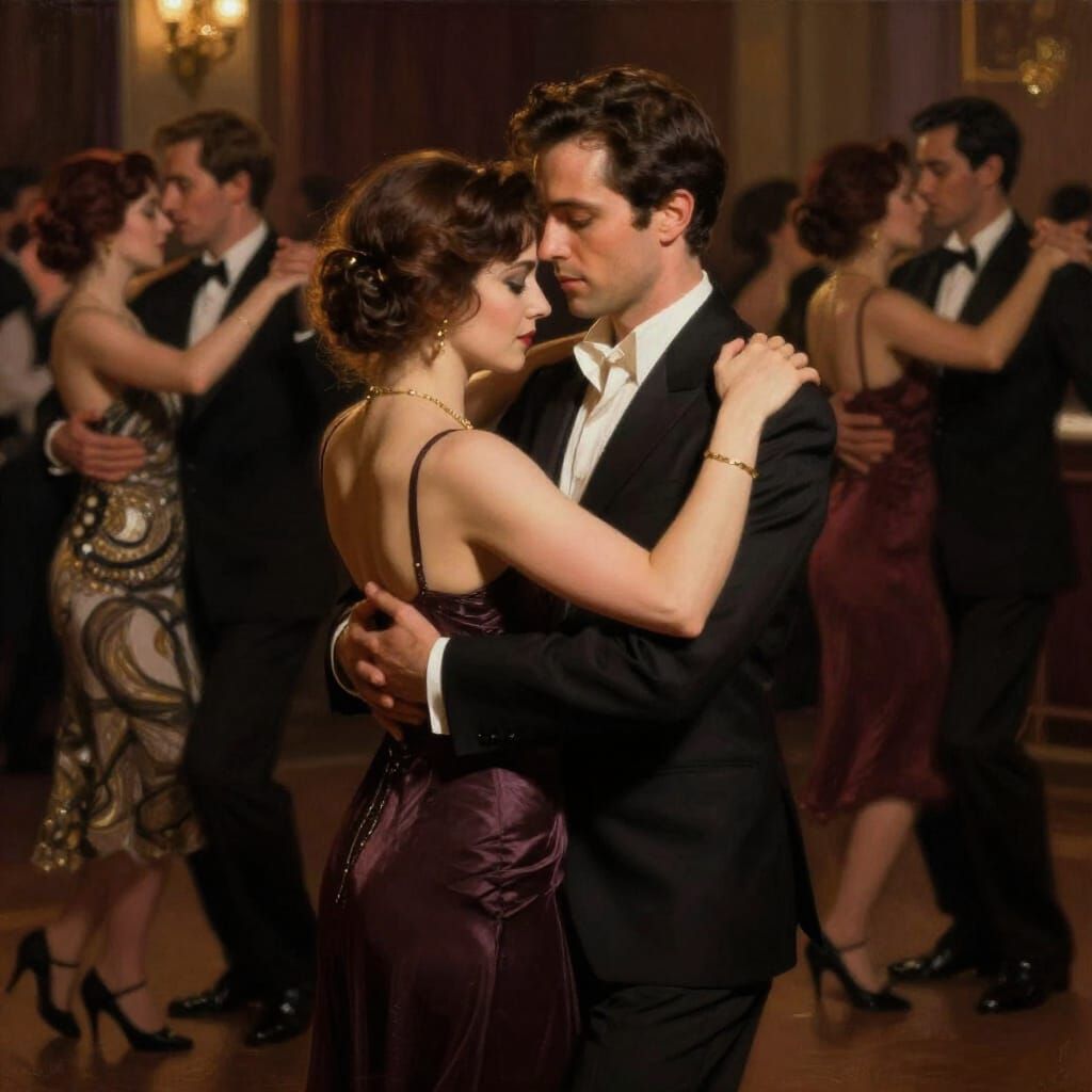 Romantic Embrace in Dimly Lit Ballroom
