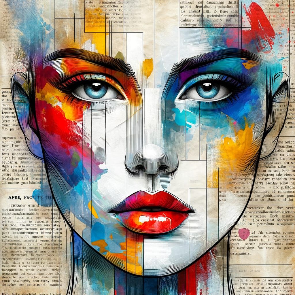 Abstract Woman Portrait on Newspaper Collage