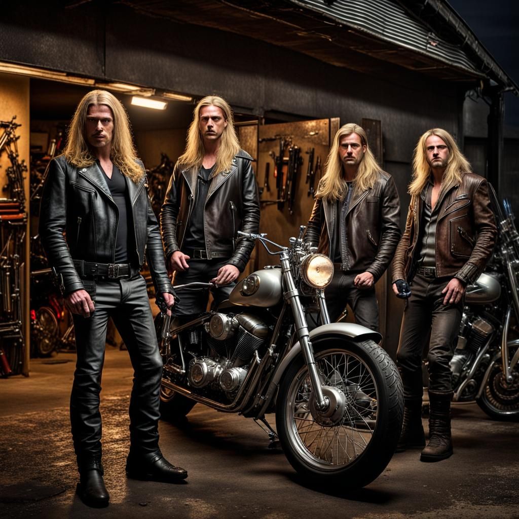 Night Garage Scene with Men and Motorcycle