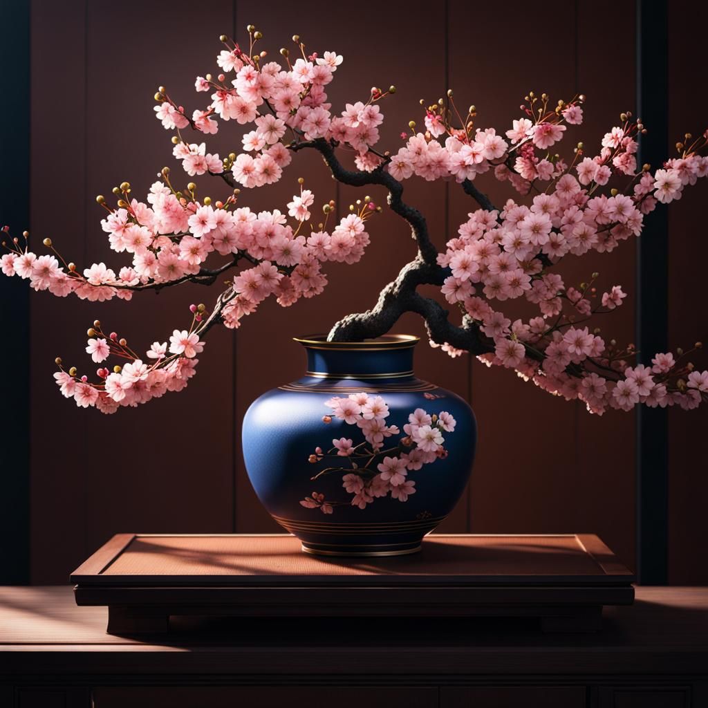 Ikebana-Inspired Cherry Blossom Arrangement in Matte Paintin...