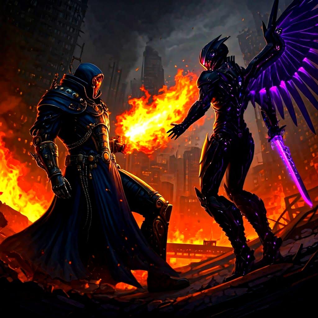 Cybernetic Pyromancer vs Swordsman: Epic Battle Scene