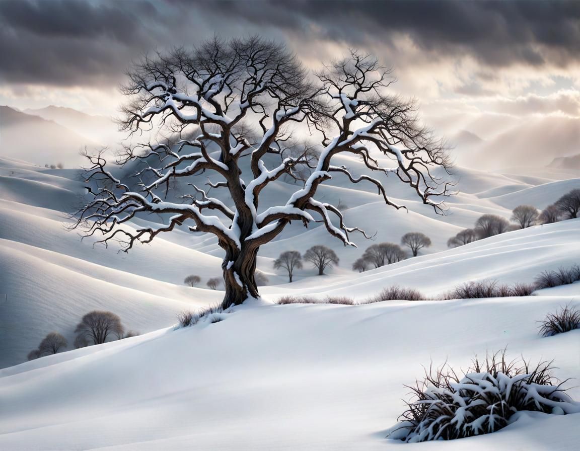 Winter Landscape with Gnarled Tree, Detailed Matte Painting