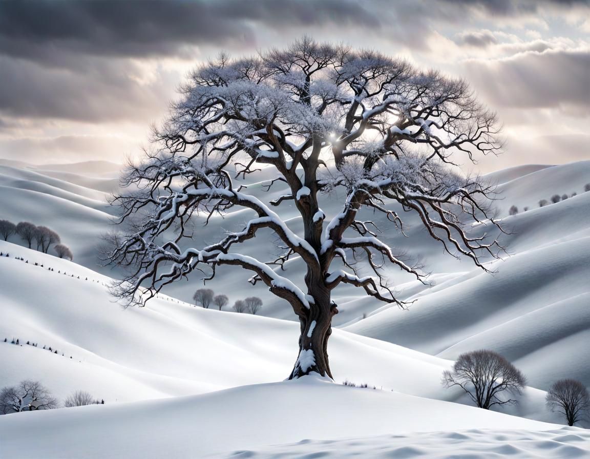 Winter Landscape with Tree in Dark Fantasy Style