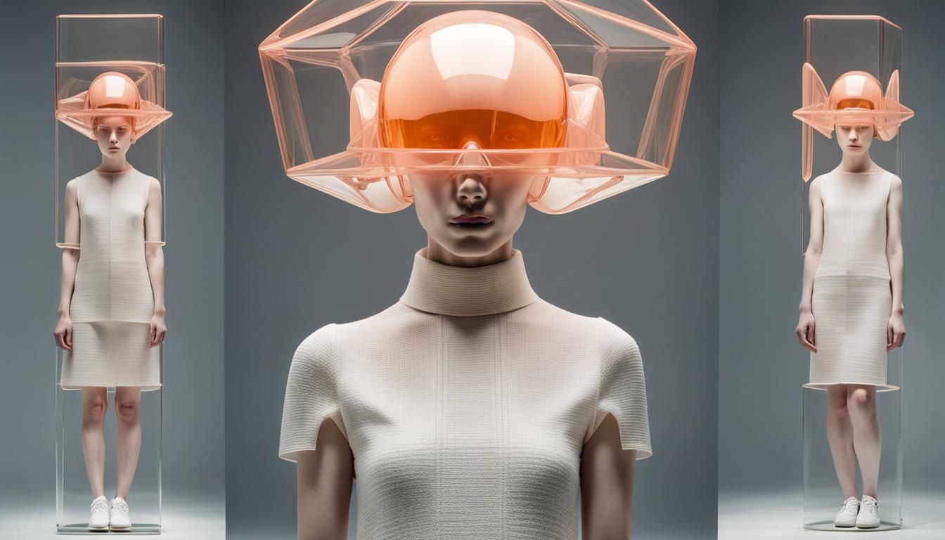Woman as Sculpture with Peach Glass Helmet