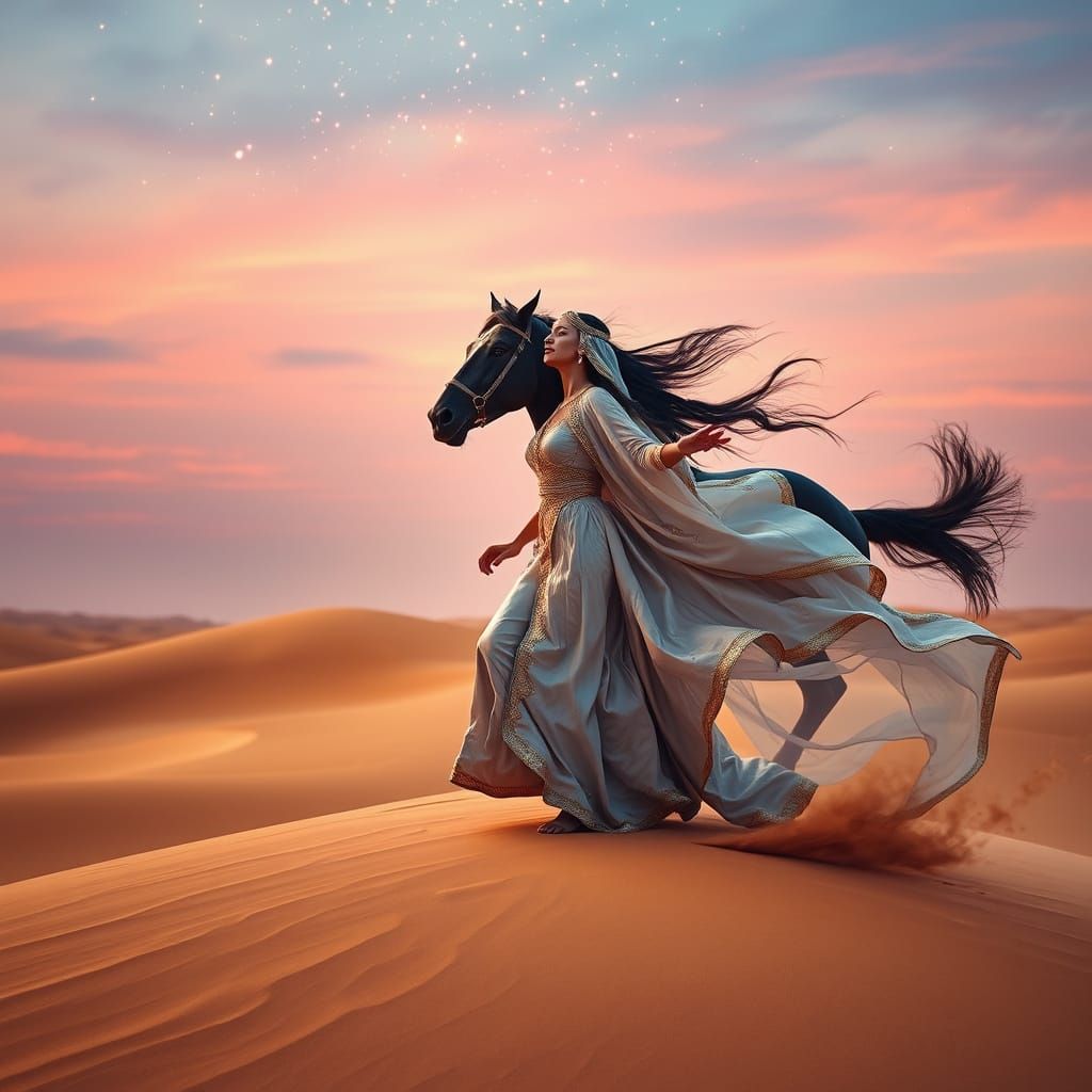 Arabic Woman's Epic Dance Under Neon Stormy Desert Sky