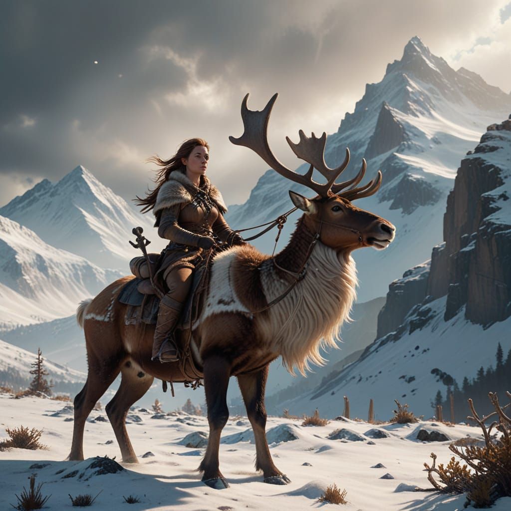 Epic Brown Warrior Rides Reindeer Through Northern Spring La...