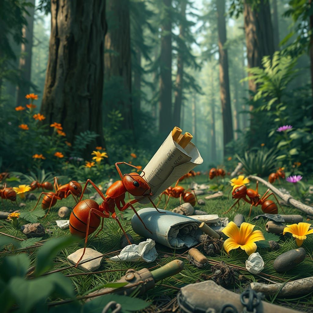 Ants Cleaning Litter in Hyper-Realistic Forest Scene