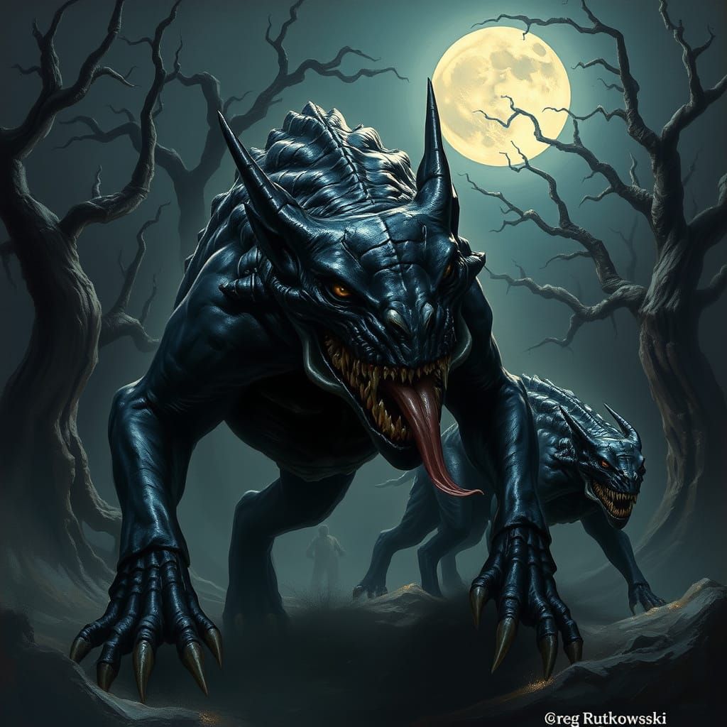 Dark Fantasy Creatures in a Haunting Moonlit Landscape