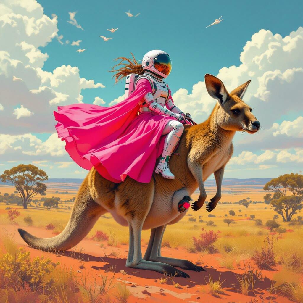 Astronaut in Pink Dress Rides Outback Kangaroo