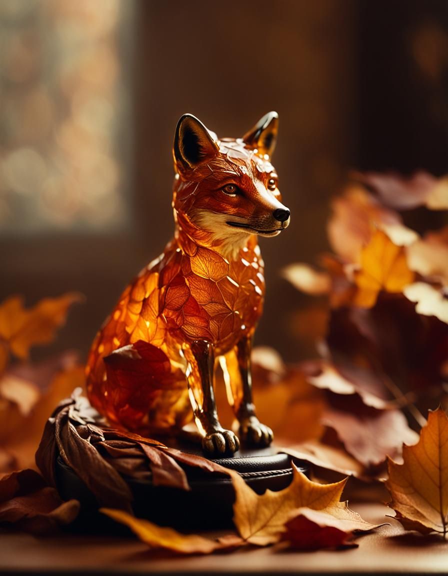 Glass Fox Enamelled with Autumn Leaves: Cinematic Still