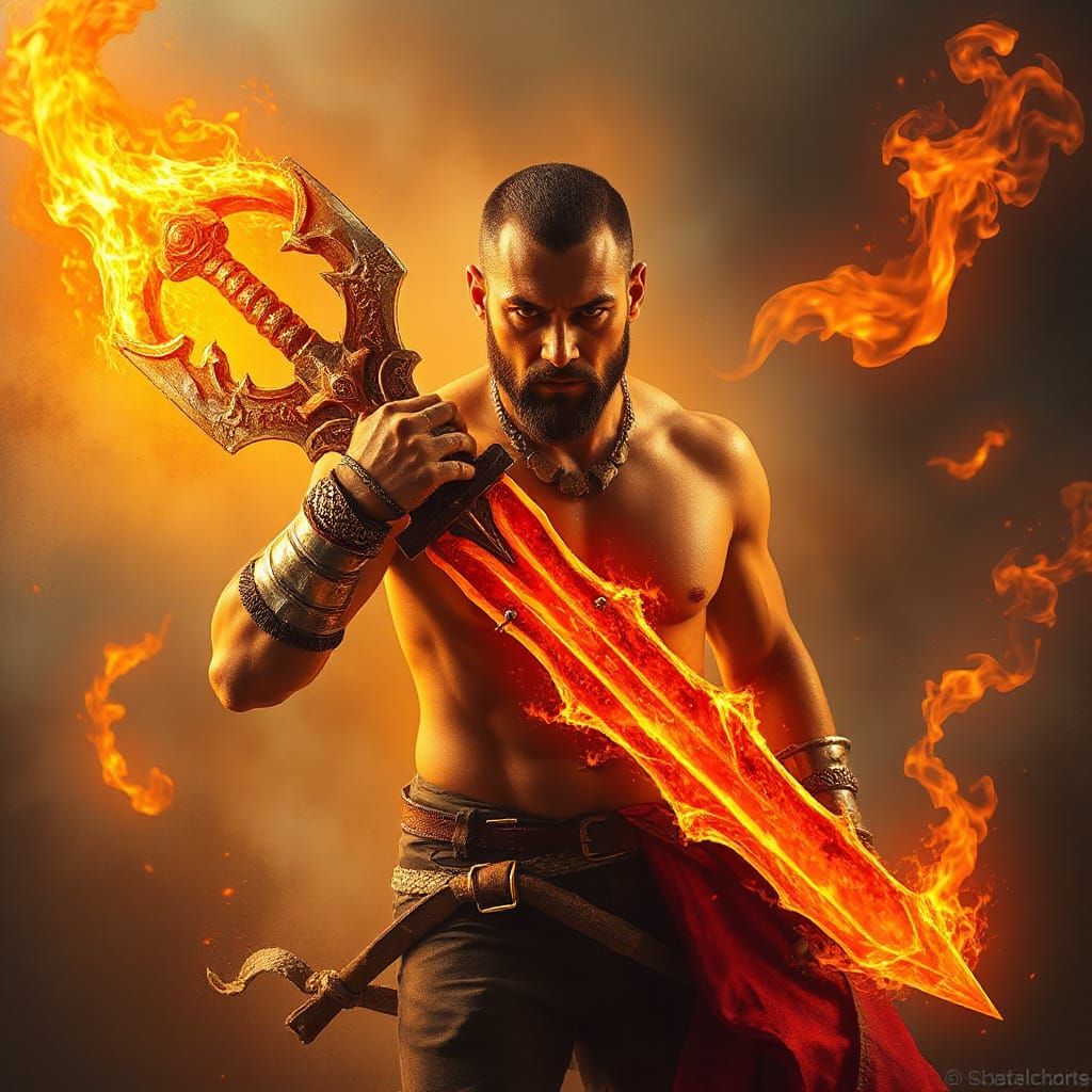 Fantasy Warrior Wields Blazing Sword in Golden-Orange Haze