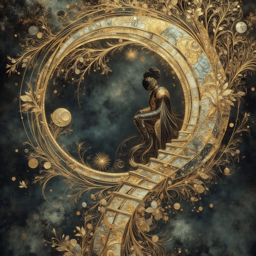 Golden Warrior Ascends Luminous Ladder