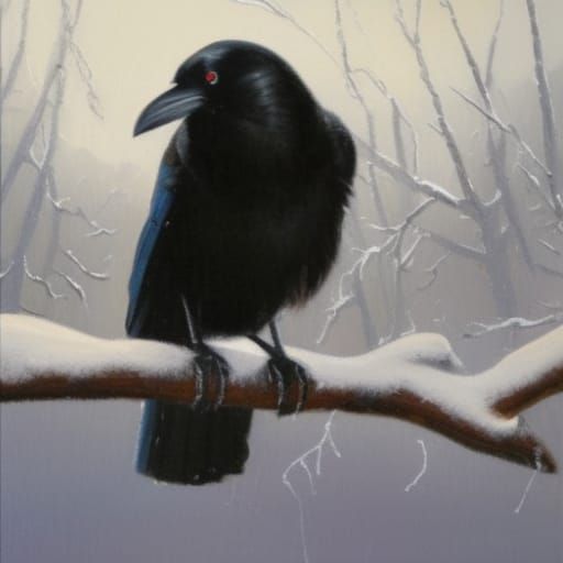 Raven on Snowy Branch in Oil Painting Style