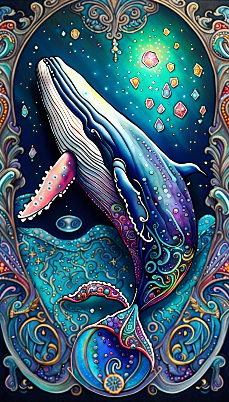 Hyperrealistic Whale with Paisley and Moon in Splash Art