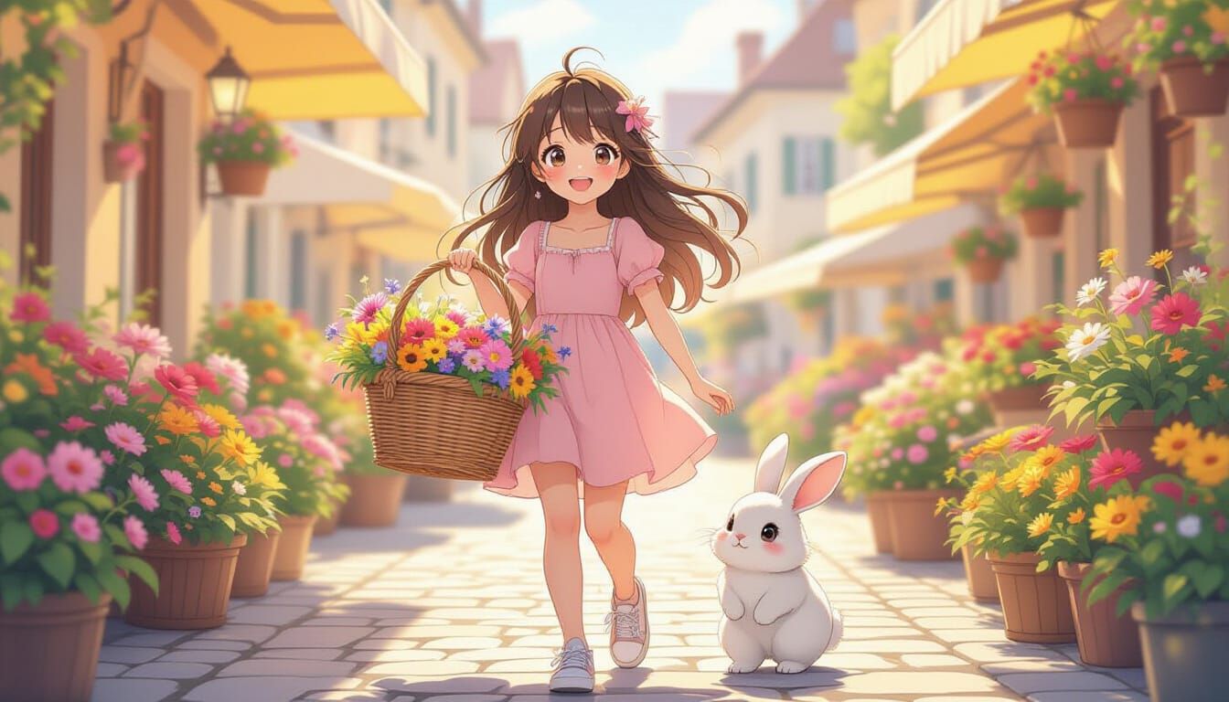 Cute Manga Girl with Flowers and Bunny in Market Square