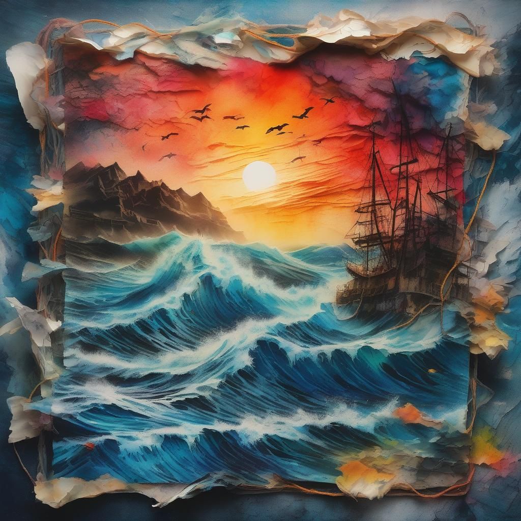 Oceanic Dawn: Mixed Media Collage in Vibrant Colors