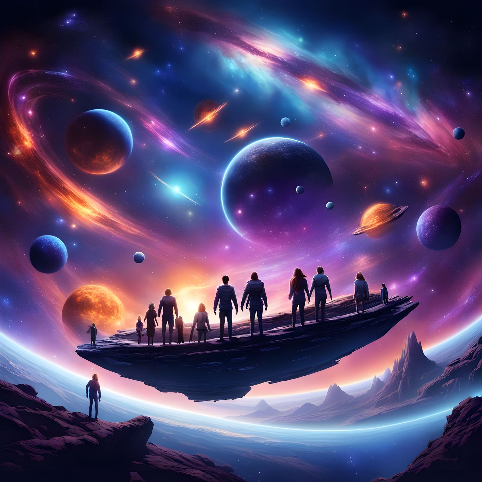 People Floating in Space with Milky Way Backdrop