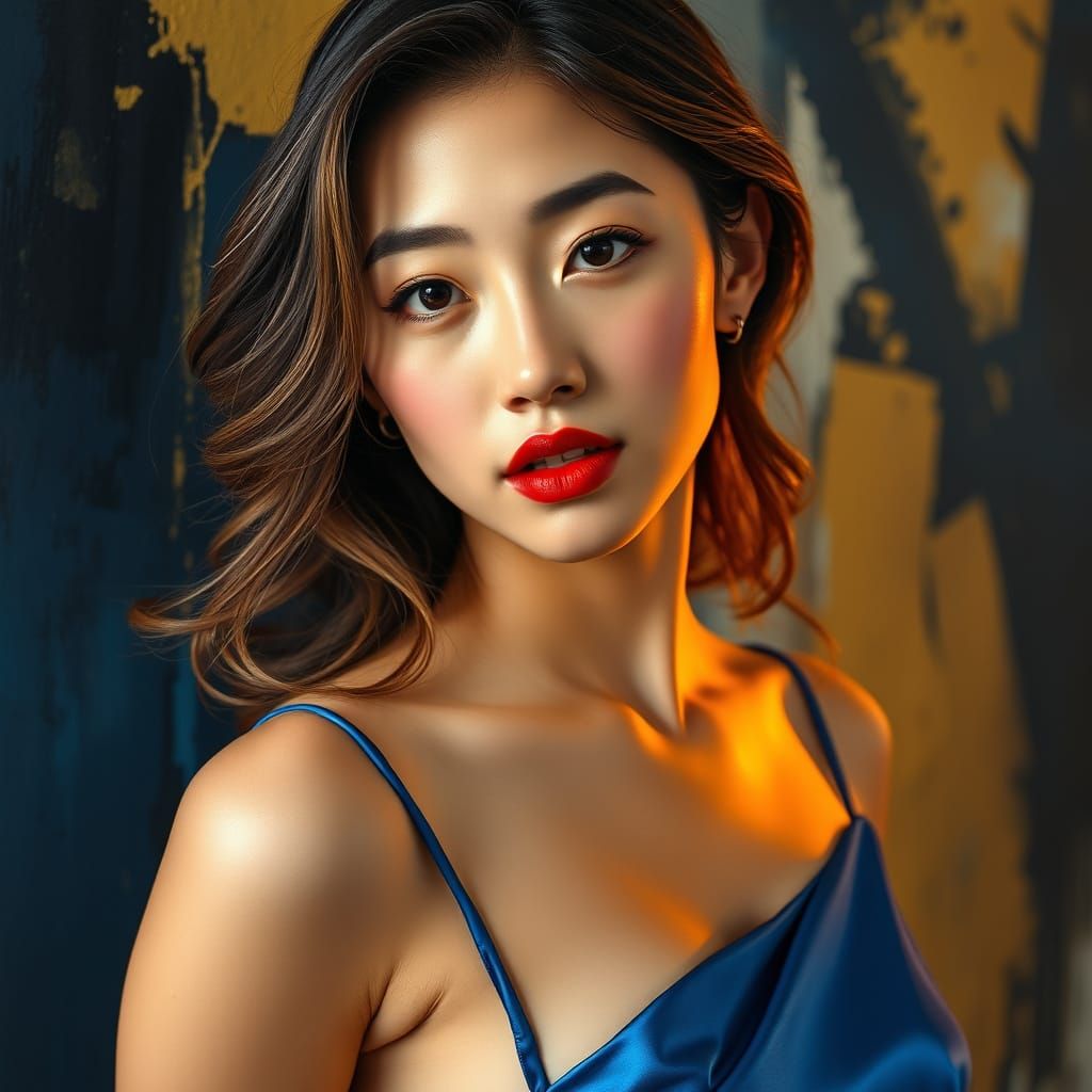 Realistic Portrait of a Young Korean Woman in a Blue Dress