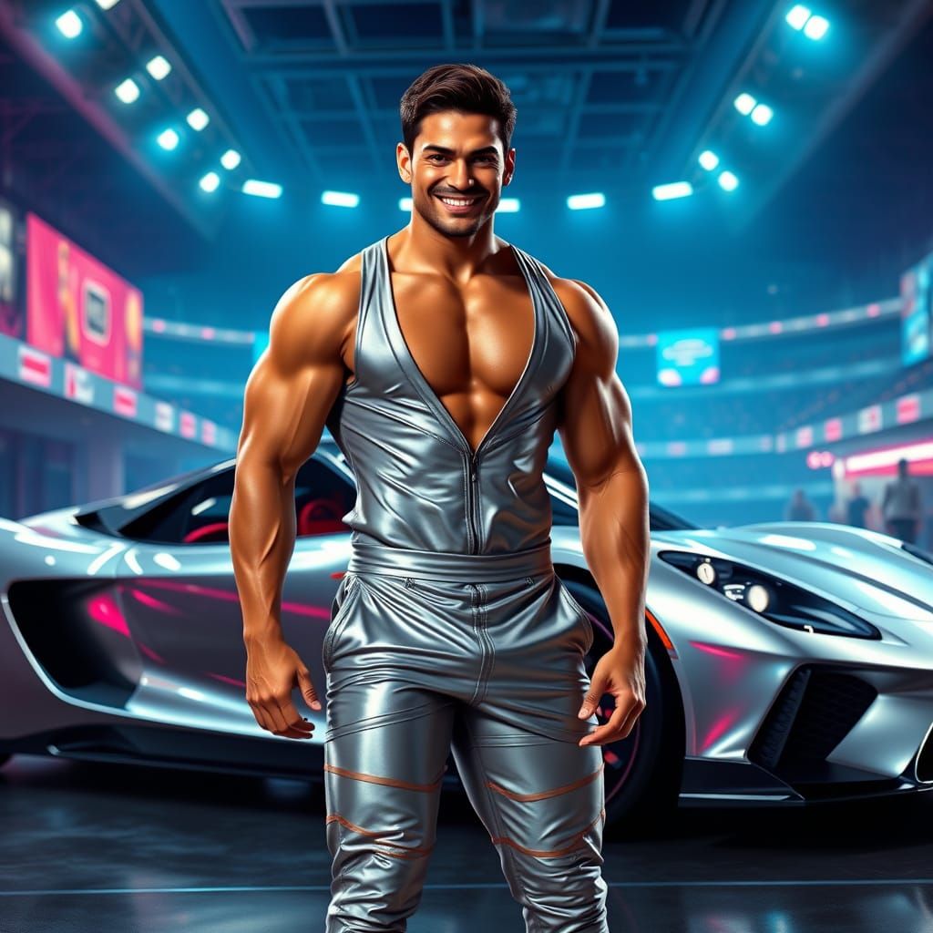 Muscular Man and Silver Car, Futuristic Realism