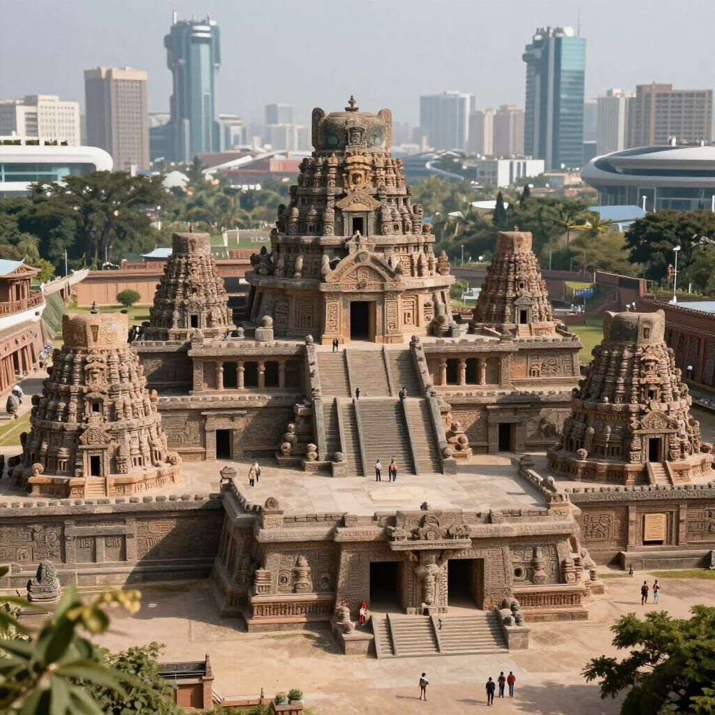 Ancient Ruins Amidst Futuristic Cityscape
